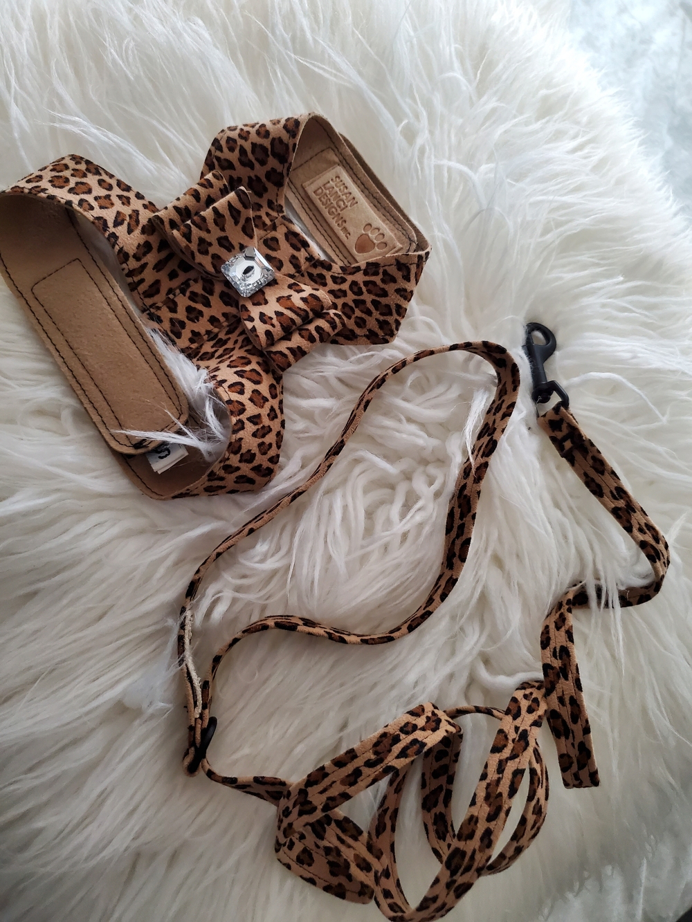 Susan Lanci Leopard Print Bow Size Small Pet Harness - Tan/Brown